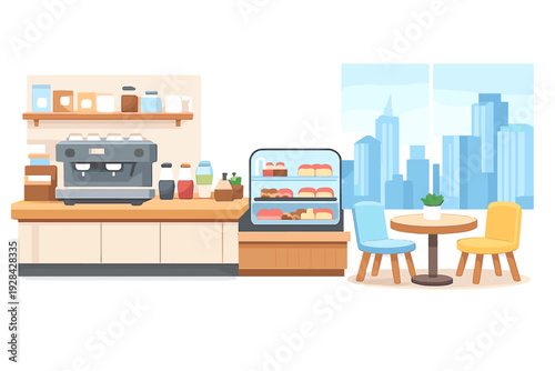 A flat vector illustration of a modern coffee shop interior featuring an espresso machine, a pastry display case, and a small table with chairs overlooking a city skyline through a window.