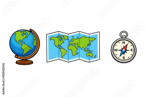 A colorful illustration featuring a terrestrial globe on a stand, a folded world map, and a classic magnetic compass against a solid black background.