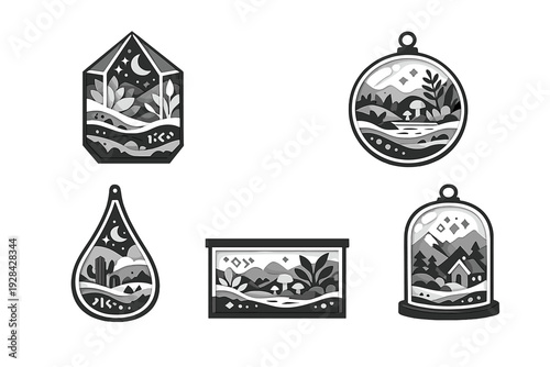 A collection of five monochrome illustrations featuring miniature landscapes inside various glass containers like jars and terrariums, showcasing mountains, plants, and celestial elements.