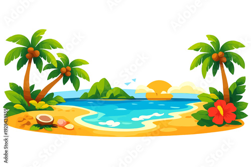A vibrant digital illustration of a tropical beach scene featuring palm trees with coconuts, a setting sun over the ocean, sandy shores, and a red hibiscus flower on the side.