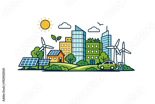 A colorful vector illustration of a sustainable city featuring solar panels, wind turbines, green buildings, and an electric car charging station under a bright sun.