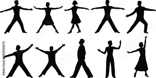 Male and female dancer silhouettes set, ballroom and contemporary dance couple poses collection isolated vector illustration