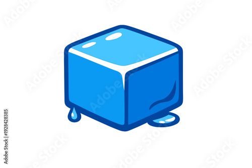 A stylized blue ice cube illustration with white highlights and dark outlines shown melting with a single water droplet and a small puddle on a solid black background.