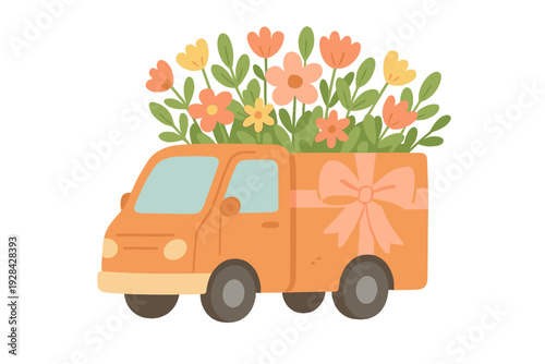 A cute orange delivery truck illustration featuring a gift box back with a large pink bow, filled with a vibrant bouquet of colorful flowers and green leaves on a black background.