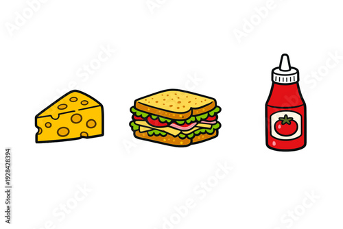 A cartoon illustration featuring a wedge of yellow Swiss cheese, a multi-layered sandwich with lettuce and tomato, and a red bottle of tomato ketchup on a black background.