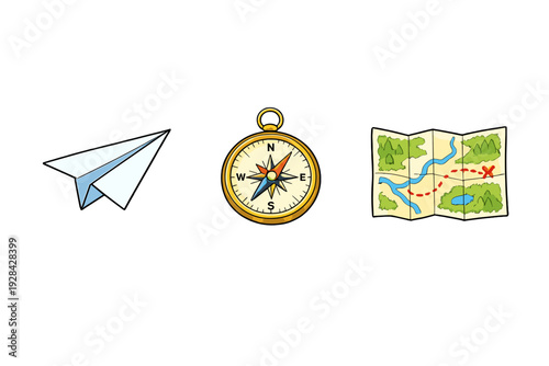A light blue paper airplane, a golden compass, and a folded treasure map with a red dotted path are shown as separate cartoon icons on a plain black background for travel themes.