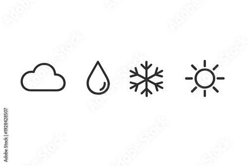 A set of four minimalist black line icons representing weather conditions, including a cloud, a water drop, a snowflake, and a sun, arranged horizontally on a plain white background.