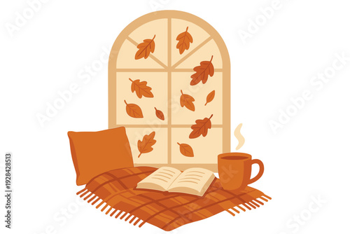 A cozy autumn illustration featuring an open book on a plaid blanket next to a steaming mug, with falling orange leaves visible through an arched window in the background.