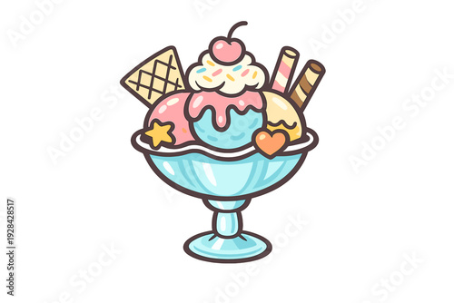 A cute cartoon illustration of an ice cream sundae in a glass bowl, featuring colorful scoops, whipped cream, a cherry, sprinkles, wafers, and star and heart shaped cookies.