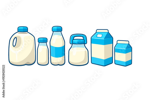 A collection of six various milk containers including jugs, bottles, and cartons, all filled with white liquid and featuring blue caps or accents against a solid black background.