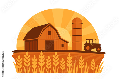 Stylized vector illustration depicts a rural farm scene with a wooden barn, a tall silo, and a tractor in a field of wheat under a bright morning sun with rays.