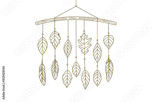 A golden line art illustration of a decorative wall hanging featuring various leaves and feathers suspended from a branch. The minimalist design is set against a solid black background.