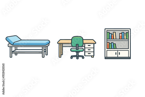 A flat illustration of medical and office furniture including a blue examination bed, a wooden desk with a green chair, and a white bookshelf filled with colorful books.