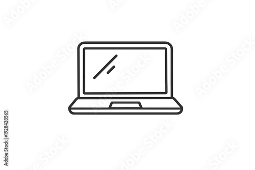 A minimalist black and white line icon of a laptop computer with a screen and trackpad, isolated on a dark textured background. This digital illustration represents modern technology.