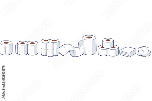 A collection of white toilet paper rolls and tissue paper illustrations in various arrangements, including stacks and unrolled sheets, isolated on a solid black background.