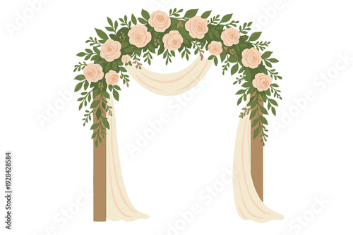 This illustration shows a wooden wedding arch adorned with peach-colored roses and lush green leaves. Creamy fabric drapes gracefully from the top, creating a romantic ceremony setting.