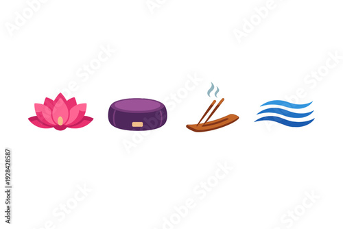 A collection of four meditation icons featuring a pink lotus flower, a purple cushion, burning incense sticks, and blue water waves arranged horizontally on a black background.
