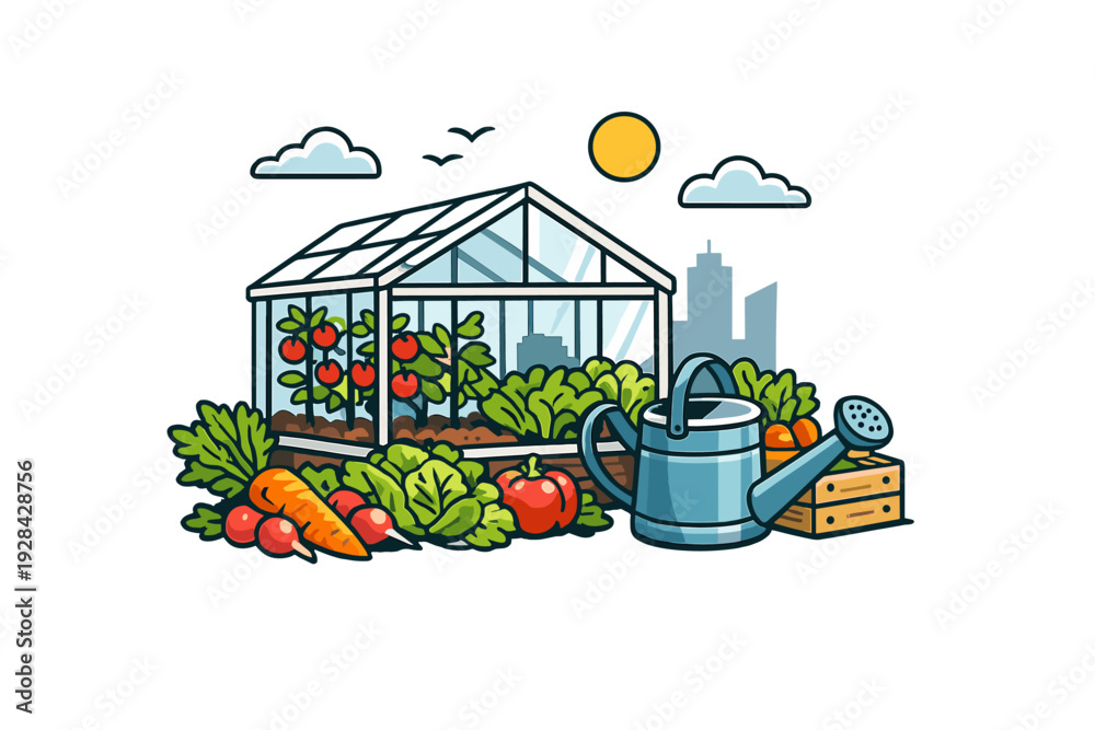 Fototapeta premium A flat vector illustration of an urban garden featuring a glass greenhouse filled with tomatoes and lettuce, surrounded by fresh vegetables, a watering can, and a city skyline.
