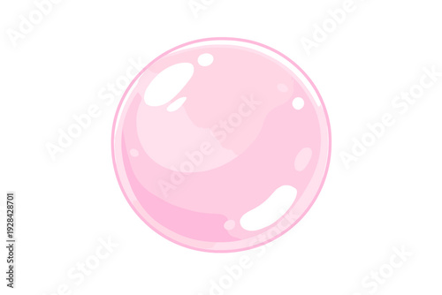 A glossy pink bubble with white highlights floats against a solid black background. The spherical object features a smooth, reflective surface and a soft gradient of pink tones.