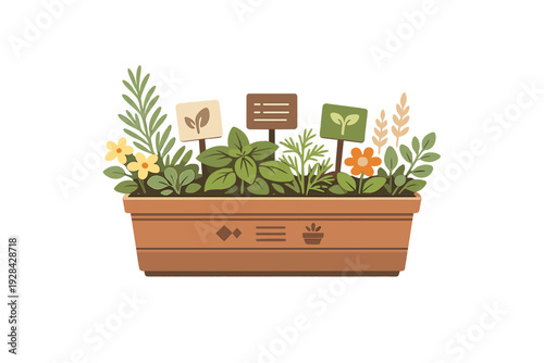 A flat illustration of a terracotta planter box filled with various green herbs, small yellow and orange flowers, and wooden plant markers against a solid black background.