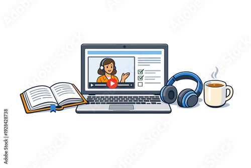 An illustration of a laptop displaying an online video course with a female instructor and a checklist, accompanied by an open book, blue headphones, and a hot cup of coffee.