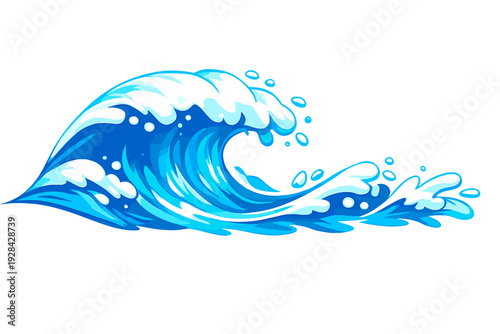 A stylized illustration of a powerful blue ocean wave with white foam and splashing droplets, isolated against a solid black background. The wave features vibrant shades of blue.
