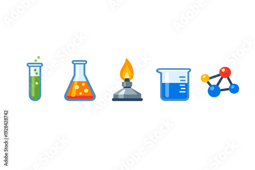 A set of colorful science laboratory icons including a test tube, conical flask, gas burner, beaker, and molecular model arranged in a row against a solid black background.
