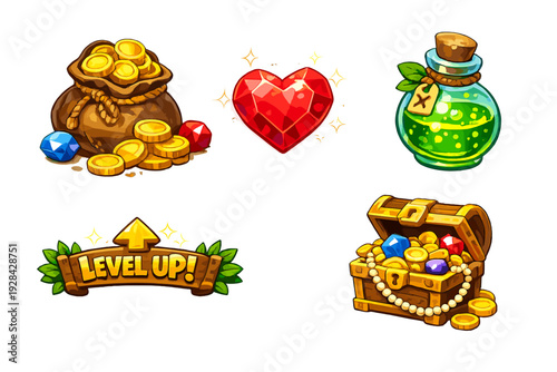 A collection of stylized game icons including a gold coin sack, a red heart, a green potion bottle, a level up banner, and a treasure chest filled with gems and jewelry on a black background.