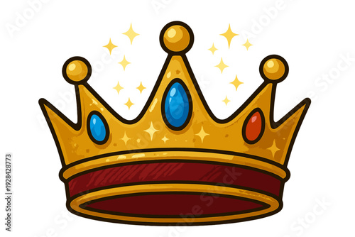 This digital illustration features a golden royal crown adorned with blue and red jewels and a red interior. Yellow sparkles surround the crown against a solid black background.