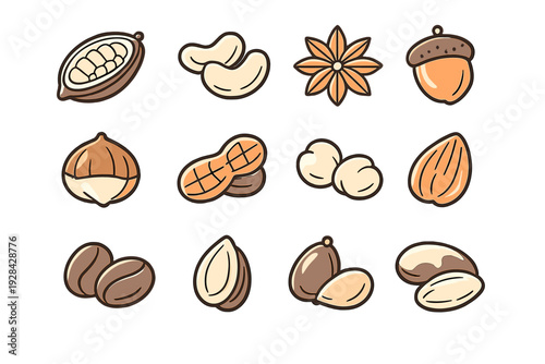 A collection of twelve stylized vector icons representing various nuts and seeds, including peanuts, almonds, and coffee beans, set against a solid black background in a flat design.