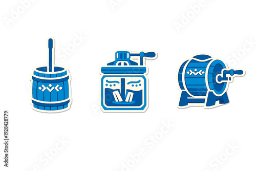 A set of three blue and white icons depicting various traditional butter churn designs, such as a dash churn, a box churn, and a barrel churn, shown against a black background.
