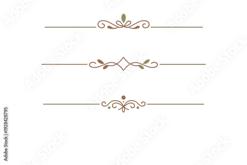A collection of three horizontal decorative dividers featuring calligraphic swirls and leaf motifs in brown and green tones, isolated on a black background for elegant design.