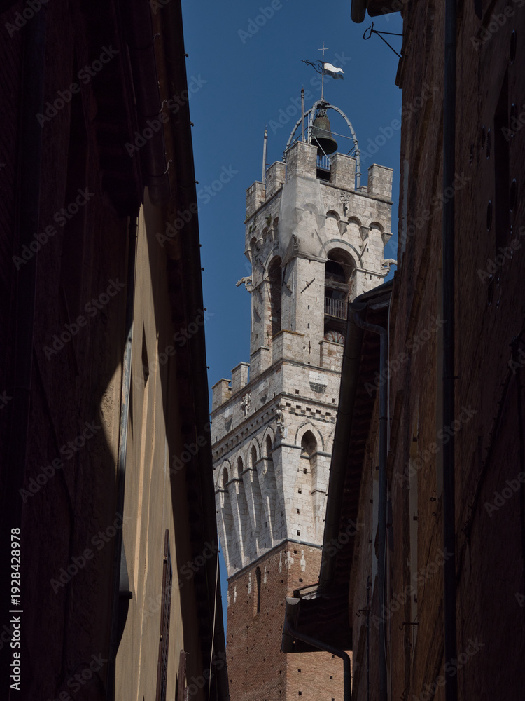 Fototapeta premium Torre del Mangia Framed by Narrow Siena Alley - Dramatic, vertical low-angle view of the white stone and brick Torre del Mangia sharply framed by the dark, shadowed walls of a medieval alley in Siena.
