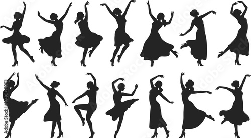 Elegant woman dancer silhouettes collection, modern and classical female dance poses set, artistic performance vector illustration isolated