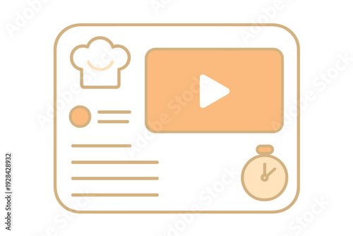A minimalist vector illustration of a digital cooking recipe card featuring a chef hat icon, a video player window, text lines, and a kitchen timer on a dark background.