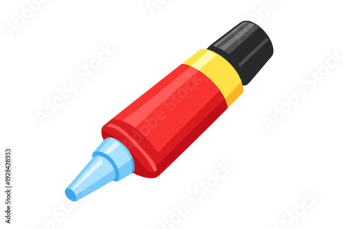 A three-dimensional illustration of a red glue tube with a yellow band, a black cap, and a blue applicator tip, shown from an isometric perspective on a black background.