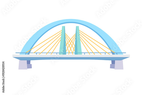 This minimalist vector graphic shows a modern bridge design featuring a prominent light blue arch, yellow suspension cables, and two central pylons set against a solid black backdrop.
