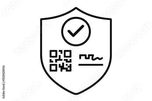 A black line art icon featuring a shield containing a checkmark inside a circle, a QR code, and a signature line, representing digital security and verification on a white background.