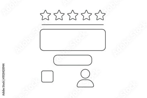 A minimalist line art illustration of a user review interface featuring five stars, a text input field, a submission button, a checkbox, and a profile icon on a black background.