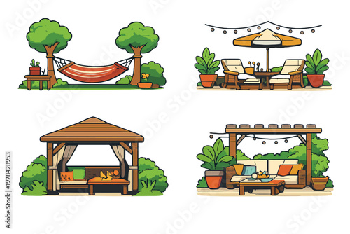 This set of four illustrations features various backyard retreat ideas such as a red hammock, a sunshade with lounge chairs, a garden gazebo, and a modern pergola with a comfortable sofa.