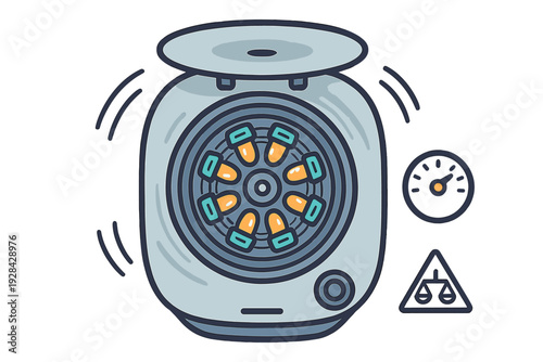 A flat illustration of a laboratory centrifuge with an open lid, showing test tubes arranged in a circular rotor. The image includes a speed gauge and a balance warning icon.