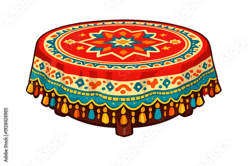 A round wooden table is covered with a vibrant red tablecloth featuring intricate geometric patterns and colorful tassels. The illustration is set against a solid black background.