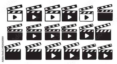 Clapperboard or clapboard icon in flat design isolated on white background, vector illustration set