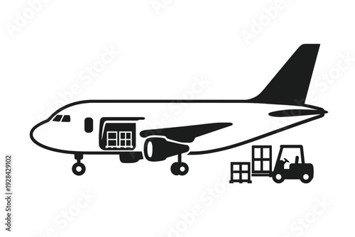 This black and white line art depicts a cargo plane with an open door being loaded with crates by a forklift, symbolizing air transport, logistics, and international freight delivery.