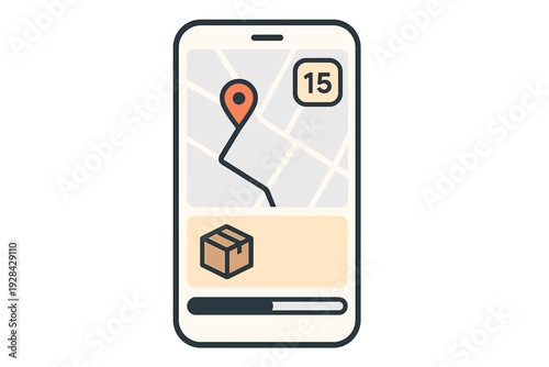 A flat illustration of a smartphone displaying a package delivery tracking application with a map, location pin, cardboard box icon, and a progress bar on a white background.