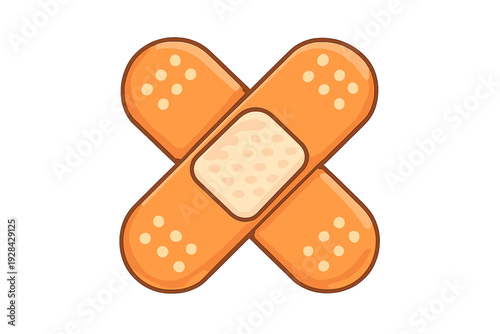 Two orange adhesive bandages are crossed in an X shape against a solid black background. The illustration features a central pad and small ventilation holes on the ends.