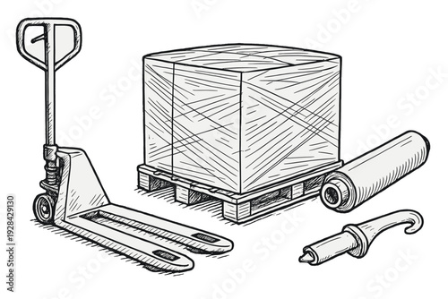 This monochrome illustration features a hand pallet truck, a large package wrapped in plastic on a pallet, a roll of stretch wrap, and a box cutter tool for logistics operations.