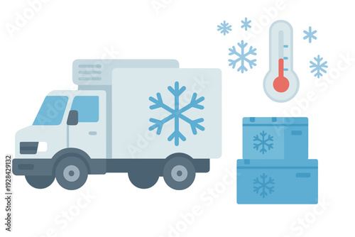 A flat illustration of a refrigerated delivery truck next to stacked frozen goods boxes, featuring a thermometer and snowflakes to represent temperature-controlled logistics.