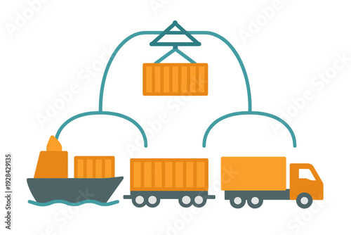 This flat vector illustration depicts global logistics and intermodal freight transport. It features a cargo ship, a train, and a truck connected by a crane lifting a shipping container.