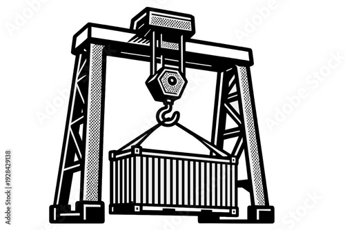 This high-contrast black and white illustration depicts a massive gantry crane hoisting a cargo container, showcasing industrial machinery with a stylized halftone pattern.